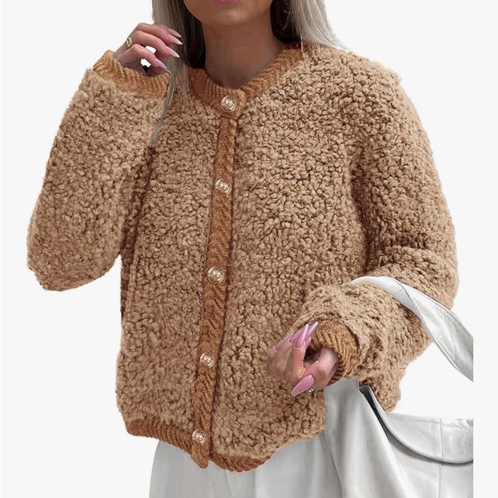 NWT Faux Fur Fall Fuzzy Fleece Button up Shearling Cropped Jackets Coat Small